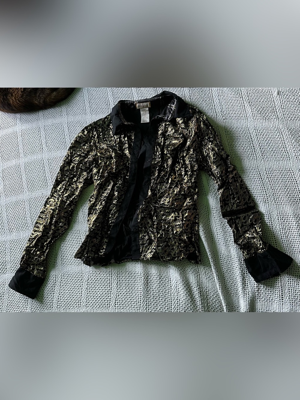 XL Y2K Baby Phat Black & Gold Metallic Script dress shirt